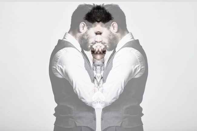 Double exposure of handsome businessman before making a decision