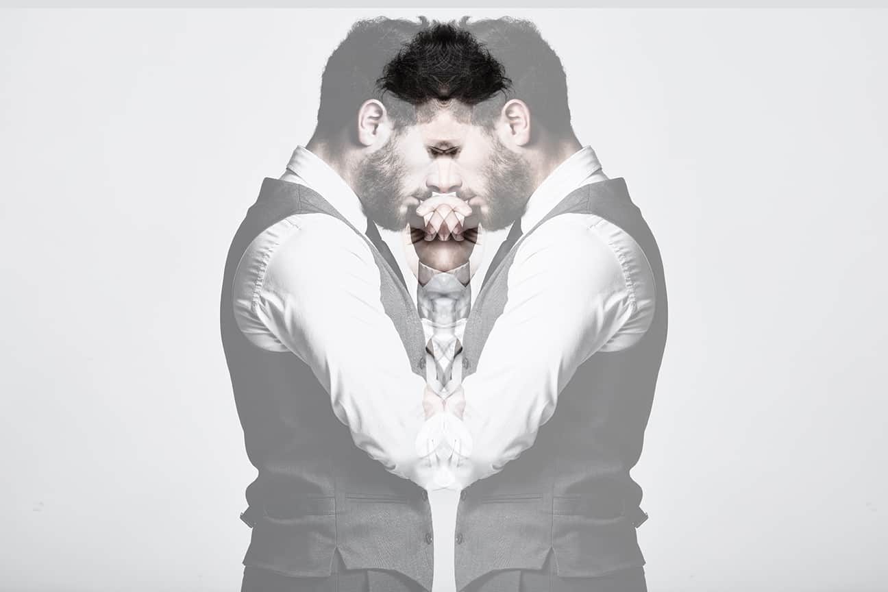 Double exposure of handsome businessman before making a decision