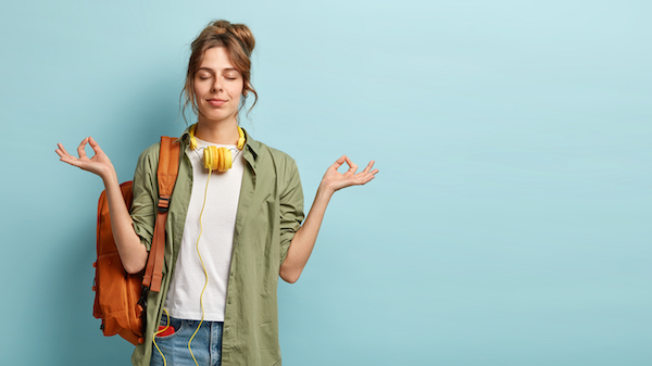 Photo,Of,Relaxed,Student,Keeps,Hands,In,Mudra,Gesture,,Keeps