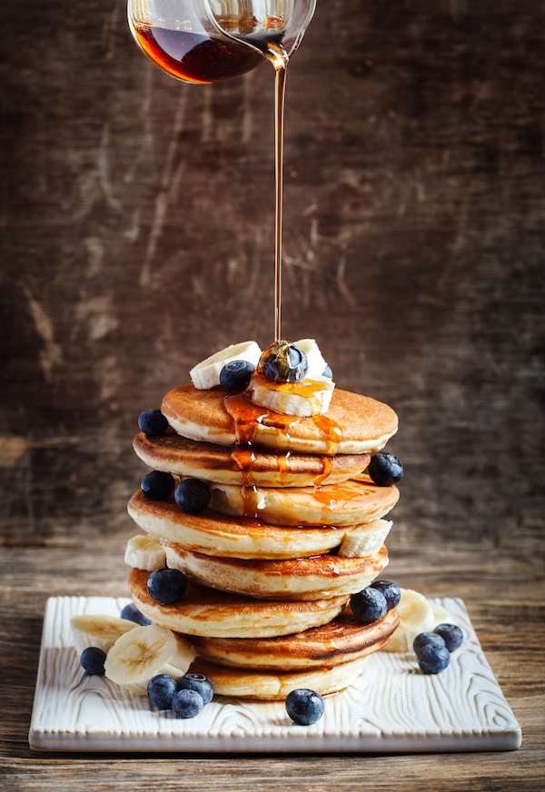 Pancakes,With,Banana,,Blueberry,And,Maple,Syrup,For,A,Breakfast.