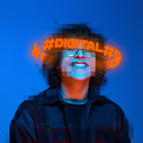 Contemporary,Design.,Young,Smiling,Man,With,Pixel,Body,Part,And