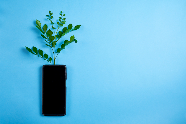 Smartphone with plant growing on it. Carbon efficient technology. Digital sustainability
