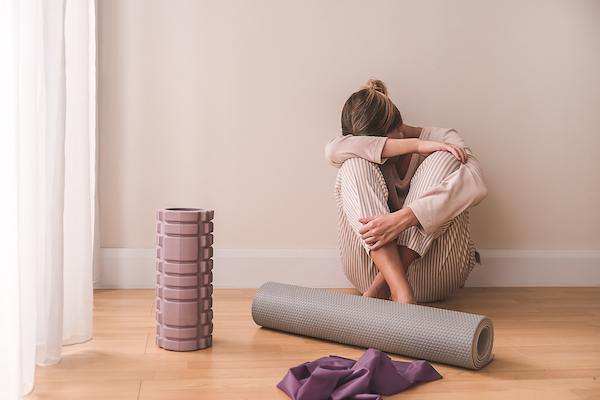 Fitness home, healthy woman workout at home, exercise, fit, doing yoga, home fitness concept remote training with virtual instructor. Woman floor Sports and recreation concept fitness apps online