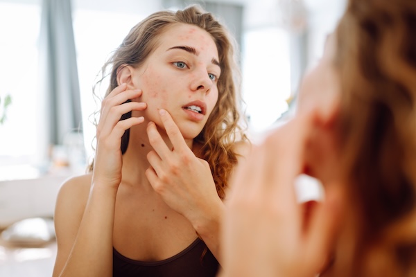 Close-up of a young woman looking at pimples in the mirror. Red spots, rash, acne. Skin treatment.