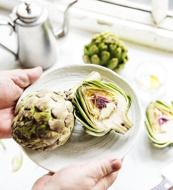 Aerial view of fresh organic artichoke vegetable