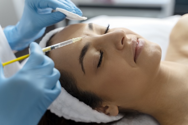 Cosmetologist does prp therapy on the face of a beautiful woman in a beauty salon