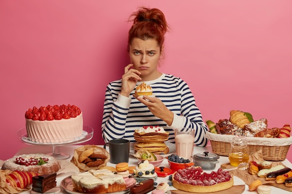 Dissatisfied redhead girl in striped jumper has sweet food addiction, fed up with diets, eats various cakes, pies and other tasty desserts, has delicious lunch at home, looks sadly and gloomy